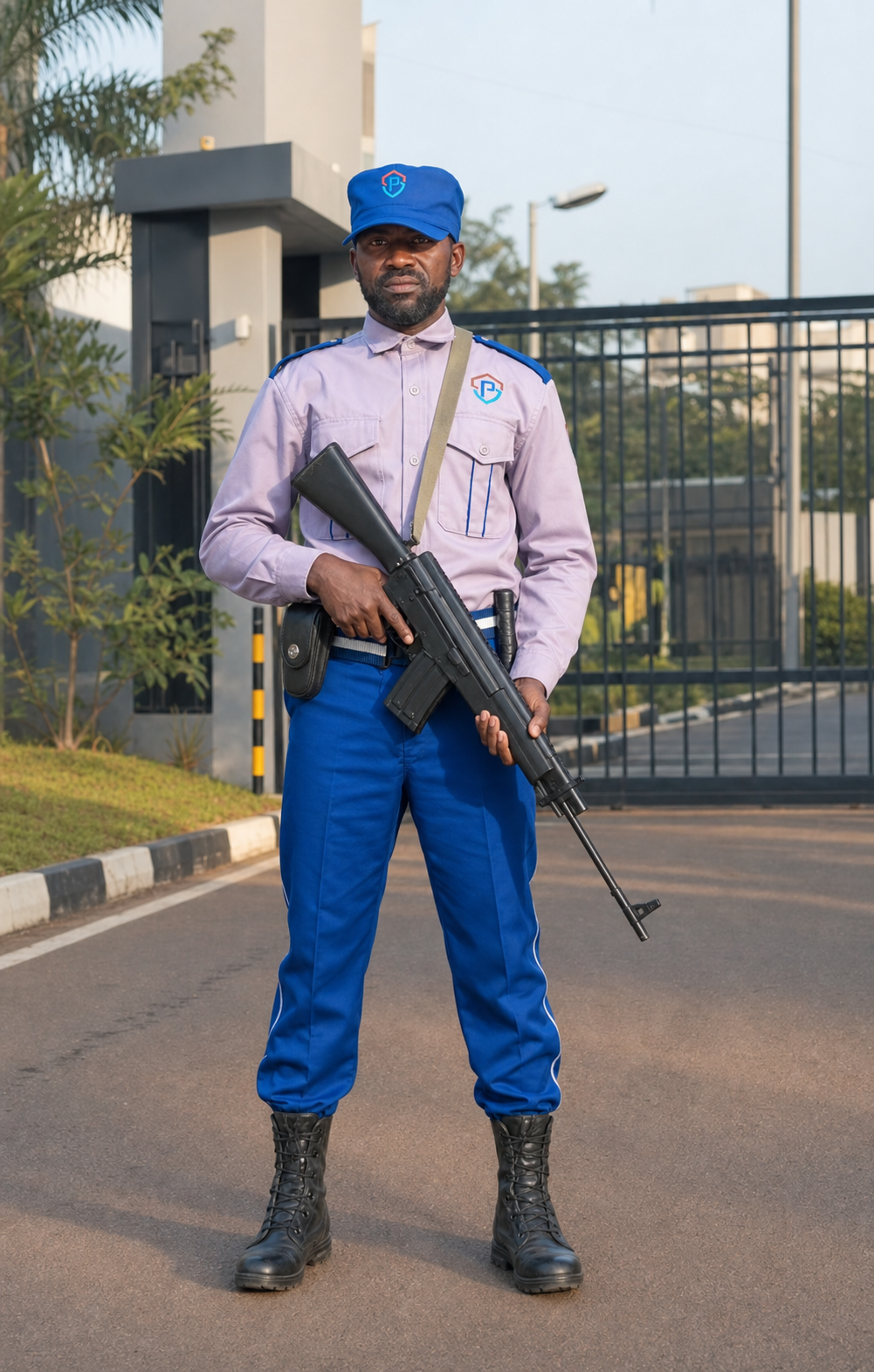 SecurePath security officer on duty at a commercial entrance in Kampala