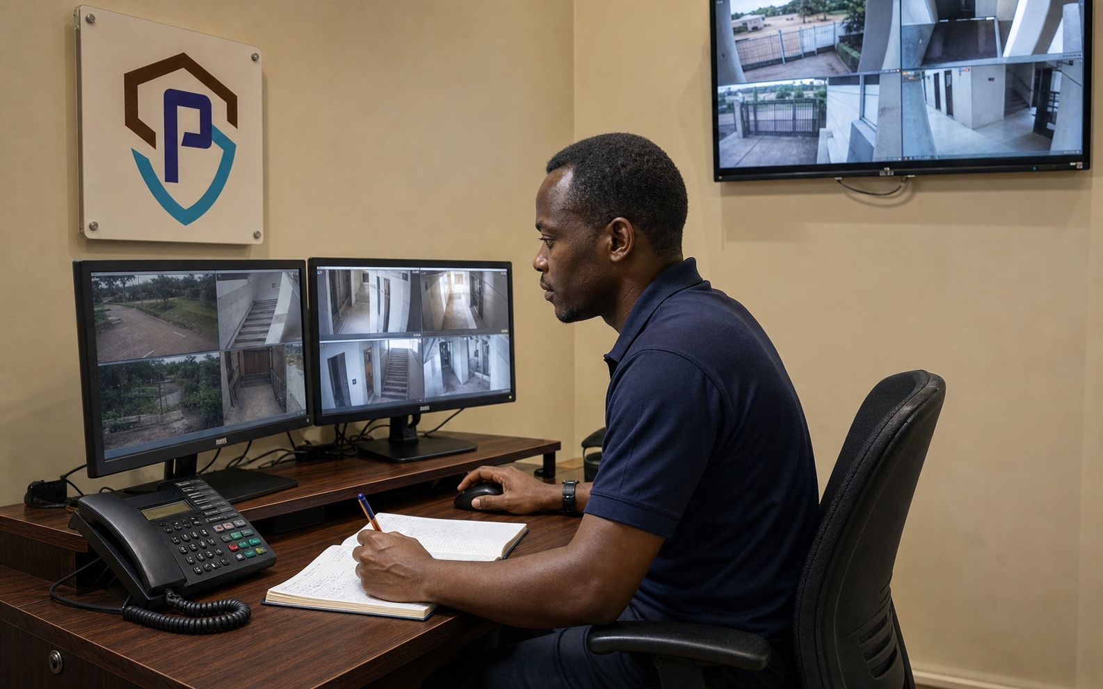 SecurePath Control Room operator monitoring security cameras in Kampala